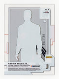 Full view of the autographed Martin Truex Jr. 2023 Panini Chronicles Clearly Donruss #067/100 Red Parallel card, a limited edition piece with the official Certificate of Authenticity.