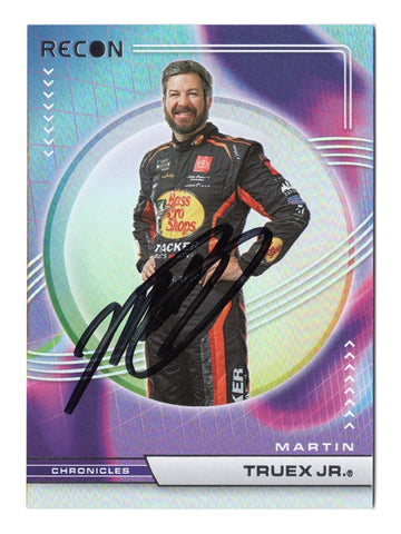 The Martin Truex Jr. 2023 Panini Chronicles Racing Recon autographed card, featuring a bold design and Truex’s signature, perfect for any NASCAR collector.