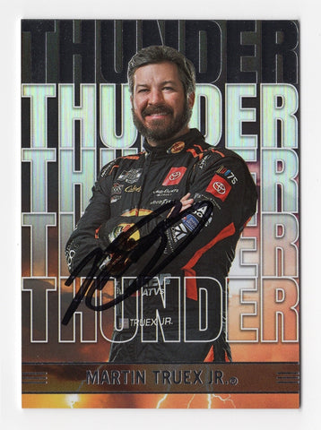 Martin Truex Jr. 2023 Panini Chronicles Racing Thunder signed card, featuring a vibrant design and Truex’s authentic signature, ideal for NASCAR collectors.