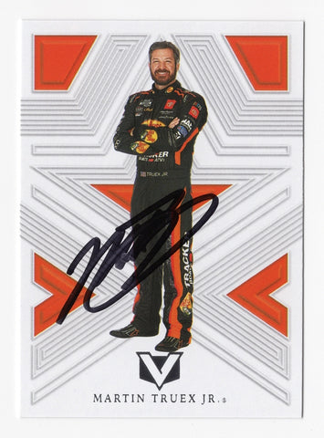 Close-up image of the autographed Martin Truex Jr. 2023 Panini Chronicles Racing Vertex card, displaying Truex's signature and dynamic design for NASCAR fans.