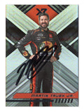 Close-up of the autographed Martin Truex Jr. 2023 Panini Chronicles XR Racing card, showcasing the vibrant #19 Bass Pro Shops car and signature for collectors.