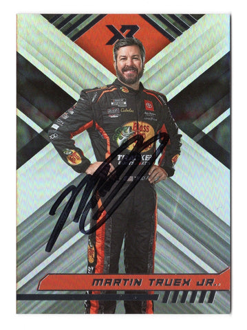 Close-up of the autographed Martin Truex Jr. 2023 Panini Chronicles XR Racing card, showcasing the vibrant #19 Bass Pro Shops car and signature for collectors.