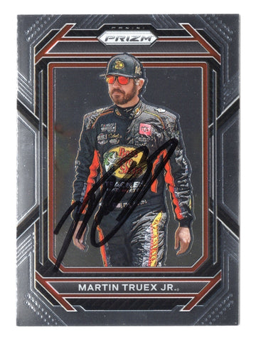 The Martin Truex Jr. 2023 Panini Prizm Racing card, signed and featuring the #19 Bass Pro Shops car, with sharp, vibrant details and a Certificate of Authenticity, ideal for NASCAR collectors.