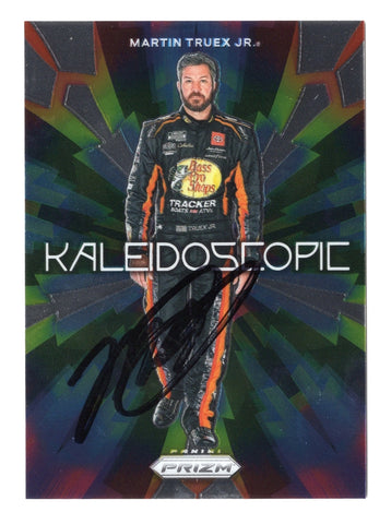 The autographed Martin Truex Jr. 2023 Panini Prizm Racing KALEIDOSCOPE insert card with his signature. Featuring the #19 Bass Pro Shops car and a Certificate of Authenticity.