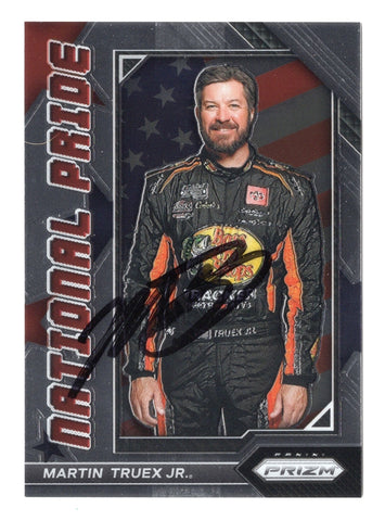 This Martin Truex Jr. 2023 Panini Prizm NATIONAL PRIDE insert card is autographed, featuring the #19 Bass Pro Shops car. It includes a COA, ensuring authenticity for collectors.