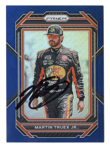 The signed Martin Truex Jr. 2023 Panini Prizm NAVY BLUE PRIZM card #183/499, showcasing the #19 car. This rare NASCAR collectible comes with a Certificate of Authenticity.