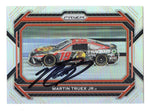 Close-up of the signed Martin Truex Jr. 2023 Panini Prizm SILVER PRIZM NASCAR card, showcasing the iconic #19 Bass Pro Shops car and a shimmering silver prism design.