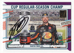 Close-up of Martin Truex Jr.'s autographed 2024 Donruss #67/99 Purple "Cup Regular Season Champ" Insert card, showcasing his #19 Bass Pro Shops car with signature and COA.