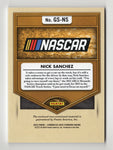 Nick Sanchez autographed 2023 Panini Gold Standard NASCAR trading card featuring a triple relic of race-used memorabilia. Includes car, tire, and sheet metal relics, with COA for guaranteed authenticity.