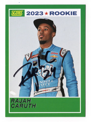 The autographed Rajah Caruth 2023 Panini Chronicles Score Racing Green Parallel Official Rookie Card is a rare collectible with a vibrant design and Caruth’s signature. It comes with a Certificate of Authenticity.