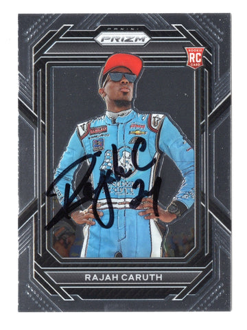 The autographed Rajah Caruth 2023 Panini Prizm Racing Official Rookie Card (Truck Series) is a signed collectible that features vibrant colors and details, perfect for NASCAR fans.