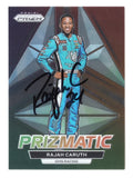 The autographed Rajah Caruth 2023 Panini Prizm Racing PRIZMATIC Official Rookie Insert card is a must-have for NASCAR fans, featuring vibrant colors and Caruth’s signature.
