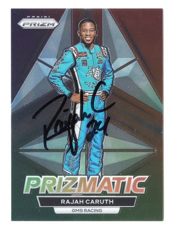 The autographed Rajah Caruth 2023 Panini Prizm Racing PRIZMATIC Official Rookie Insert card is a must-have for NASCAR fans, featuring vibrant colors and Caruth’s signature.