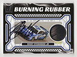 Autographed Ricky Stenhouse Jr. 2024 Donruss Racing BURNING RUBBER NASCAR card featuring a race-used tire relic. This card is numbered #25/99, making it a rare collectible with COA for authenticity.