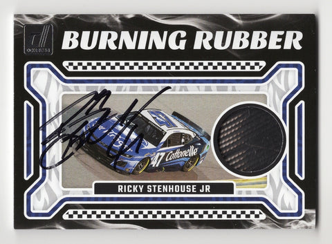 Autographed Ricky Stenhouse Jr. 2024 Donruss Racing BURNING RUBBER NASCAR card featuring a race-used tire relic. This card is numbered #25/99, making it a rare collectible with COA for authenticity.