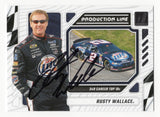 The autographed Rusty Wallace 2024 Donruss Racing PRODUCTION LINE card, honoring his 349 career Top 10 finishes. This signed NASCAR collectible comes with a COA, making it the perfect gift for racing enthusiasts and collectors.