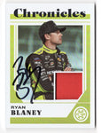 Autographed Ryan Blaney 2023 Panini Chronicles Racing LUMINANCE Relic card featuring race-used memorabilia. A highly collectible NASCAR trading card with COA.