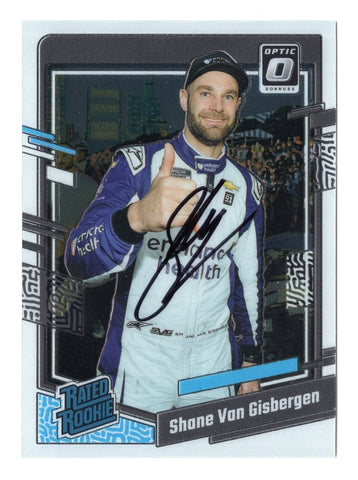 This autographed Shane Van Gisbergen 2024 Donruss Optic Racing Rated Rookie card commemorates his rookie season and Chicago Street Race win. Featuring his genuine signature and a Certificate of Authenticity (COA), it's a must-have for any NASCAR fan or collector. A great gift idea!