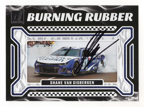 This autographed Shane Van Gisbergen 2024 Donruss Racing "Burning Rubber" card showcases his thrilling Chicago Street Burnout victory. Signed by Shane himself, it includes a Certificate of Authenticity (COA), making it a valuable piece for NASCAR collectors. A great gift for fans!