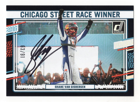 This rare autographed Shane Van Gisbergen 2024 Donruss Racing Chicago Street Race Winner Black Parallel Insert card is numbered #63/91. It features Shane’s genuine signature and a Certificate of Authenticity (COA), making it a valuable addition to any NASCAR collection. A great gift for fans!