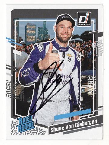 Celebrate Shane Van Gisbergen’s rookie season with this autographed 2024 Donruss Racing Rated Rookie card. Commemorating his 2023 Chicago Street Race win, the card includes a Certificate of Authenticity (COA). This rare collectible is a great gift for any NASCAR fan.