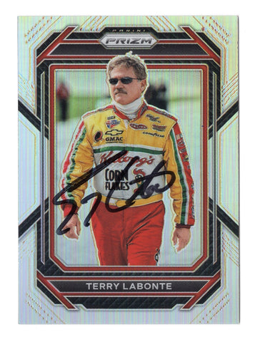 A detailed view of the Terry Labonte 2023 Panini Prizm Racing (#5 Kellogg’s Corn Flakes Team) signed trading card. This autographed NASCAR collectible, complete with COA, makes a perfect gift for any racing enthusiast and a valuable addition to any collection.
