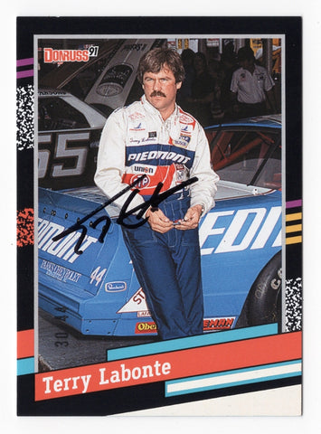 The autographed Terry Labonte 2024 Donruss Racing 1991 RETRO Rare Black Parallel Insert Signed NASCAR Collectible Trading Card #30/44. One of only 44 made, this limited edition card features Labonte’s signature and a sleek black parallel design.