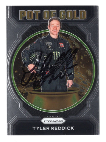 Tyler Reddick’s autograph on the 2023 Panini Prizm Pot of Gold Insert card. A limited-edition NASCAR collectible card with COA, perfect for any fan or collector.