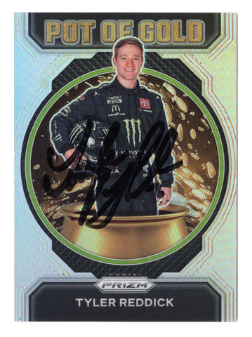 Tyler Reddick’s signature on the 2023 Panini Prizm Racing Pot of Gold Silver Prizm Insert card. A rare NASCAR collectible with a brilliant silver finish and COA.