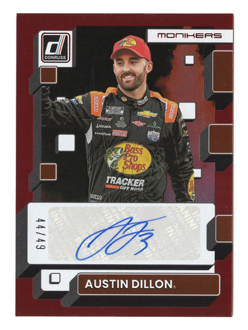 Austin Dillon 2023 Donruss Racing MONIKERS AUTOGRAPH Red Parallel Card - Exclusive autographed collectible celebrating Dillon's skill on the track.