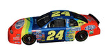 Autographed 1997 Jeff Gordon #24 DuPont Rainbow Warrior Revell 1/24 scale NASCAR diecast featuring an authentic Jeff Gordon signature and the iconic multicolor flame paint scheme. This vintage collectible is a loose car and exhibits paint cracking, making condition an important consideration for collectors and buyers.