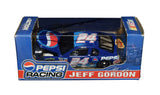 Autographed 1999 Jeff Gordon #24 Pepsi Racing Action 1/64 scale NASCAR diecast car featuring the distinctive Pepsi-sponsored racing design and Jeff Gordon’s signature. This collectible includes a Certificate of Authenticity and is an exciting addition for #24 fans, NASCAR autograph collectors, Pepsi enthusiasts, and vintage racing memorabilia collectors.