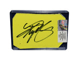 Autographed 2007 Kyle Busch #5 Cheez-It CarQuest Racing Texas race-used NASCAR sheet metal featuring authentic track wear, bold sponsor graphics, and included COA. This collectible is roughly trading card sized and comes in a plastic toploader for display and protection purposes.