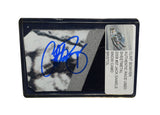 Displayed autographed Clint Bowyer #07 Jack Daniel’s Snow Camo composite NASCAR sheet metal from the 2008 Bristol car with visible racing wear. Housed inside a protective plastic toploader, this trading-card-size collectible makes a great gift for Clint Bowyer fans and motorsports memorabilia collectors.