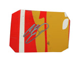 Autographed 2013 Chase Elliott #9 Aaron’s Rookie ARCA Series Hendrick red and orange race-used NASCAR sheet metal. This hand-signed collectible is roughly the size of a standard trading card, fits inside a plastic toploader for protection and display, and includes a certificate of authenticity.