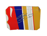 Autographed 2013 Chase Elliott #9 Aaron’s Rookie ARCA Series silver race-used NASCAR sheet metal. This hand-signed collectible is roughly the size of a standard trading card, fits inside a plastic toploader for protection and display, and includes a certificate of authenticity.