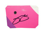 Autographed 2019 Jimmie Johnson #48 Ally Racing pink race-used NASCAR sheet metal from Hendrick Motorsports. This hand-signed collectible is roughly the size of a standard trading card, fits inside a plastic toploader for protection and display, and includes a certificate of authenticity.