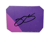 Autographed 2019 Jimmie Johnson #48 Ally Racing two-color purple race-used NASCAR sheet metal from Hendrick Motorsports. This hand-signed collectible is roughly the size of a standard trading card, fits inside a plastic toploader for protection and display, and includes a certificate of authenticity.