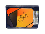 Displayed autographed Kevin Harvick #4 National Forest Foundation NASCAR sheet metal from the 2020 Daytona Road Course car with visible racing wear. Housed inside a protective plastic toploader, this trading-card-size collectible makes a great gift for Kevin Harvick fans and racing memorabilia collectors.