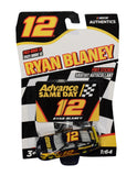 Autographed 2021 Ryan Blaney #12 Advance Same Day NASCAR Authentics 1/64 scale diecast car from Wave 12. This signed Team Penske collectible features the bold red, yellow, and black paint scheme and includes a certificate of authenticity for added collector appeal.