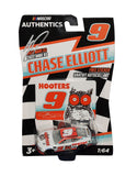 Autographed 2022 Chase Elliott #9 Hooters Racing NASCAR Authentics 1/64 scale diecast car from Wave 03. This signed Hendrick Motorsports collectible features the vivid orange, black, and white Hooters paint scheme and includes a certificate of authenticity for collectors.