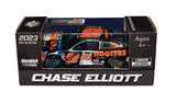 Signed Chase Elliott #9 Hooters Night Owl 2023 NASCAR diecast car in collectible 1/64 scale. Featuring the sleek Night Owl paint scheme, Chase Elliott’s autograph, and an included COA, this miniature Hendrick Motorsports Chevrolet makes a distinctive addition to collections of Elliott memorabilia and autographed NASCAR diecast cars.