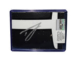 Displayed autographed Ty Gibbs #19 He Gets Us Joe Gibbs Toyota composite NASCAR sheet metal from the 2023 Atlanta car with visible racing wear. Housed inside a protective plastic toploader, this trading-card-size collectible makes a great gift for Ty Gibbs fans and racing memorabilia collectors.