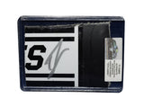 Displayed autographed Ty Gibbs #54 Monster Energy composite NASCAR sheet metal from the 2023 Bristol car with 75th Anniversary details and visible racing wear. Housed inside a protective plastic toploader, this trading-card-size collectible makes a great gift for Ty Gibbs fans and racing memorabilia collectors.
