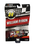 Autographed 2024 William Byron #24 Axalta Wave 06 NASCAR Authentics 1/64 scale diecast car featuring the colorful Axalta paint scheme and Hendrick Motorsports racing design. Hand-signed by William Byron and accompanied by a COA, this miniature Chevrolet is an eye-catching collectible from the 2024 NASCAR Cup Series season.