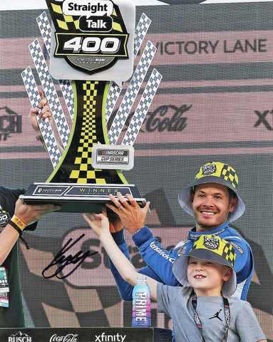 Autographed 8x10 photo of Kyle Larson celebrating his 2025 Homestead race win in Victory Lane, holding the winner’s trophy beside the #5 Hendrick Racing Chevrolet. A great gift for NASCAR collectors, and we are always here to help with any questions about this exciting memorabilia piece.