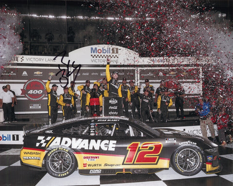 Autographed 8x10 photo of Ryan Blaney’s 2025 Daytona Night Race Win, featuring the No. 12 Advance Auto Ford in Victory Lane. The image shows Blaney celebrating under the lights after an emotional NASCAR triumph. Includes COA and makes a great gift for racing fans. We are always here to help with any questions.