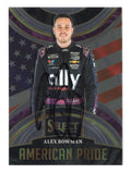 Patriotic red, white, and blue styling highlights this autographed Alex Bowman 2024 Panini Select Racing American Pride NASCAR trading card. Featuring the Hendrick Motorsports driver's signature and an accompanying Certificate of Authenticity, this collectible celebrates American stock car racing and appeals to fans of the #48 Chevrolet.