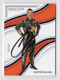 Austin Dillon is featured on this autographed 2023 Panini Chronicles Racing Immaculate NASCAR trading card, individually serial numbered #08/50. Showcasing the Richard Childress Racing driver's signature and premium Immaculate styling, this limited-numbered collectible includes a Certificate of Authenticity and celebrates the 2018 Daytona 500 winner.