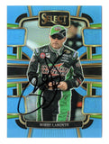 Front view of an autographed Bobby Labonte 2024 Panini Select Racing Light Blue Prizm NASCAR trading card featuring the 2000 Cup Series champion, his signature, and distinctive light blue parallel styling. This signed collectible is serial numbered #008/199 and includes a Certificate of Authenticity for NASCAR memorabilia collectors.